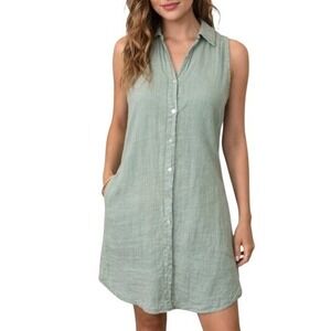 Rosemarine 100% Italian Linen Button Down Collared Sleeveless Shirt Dress M
